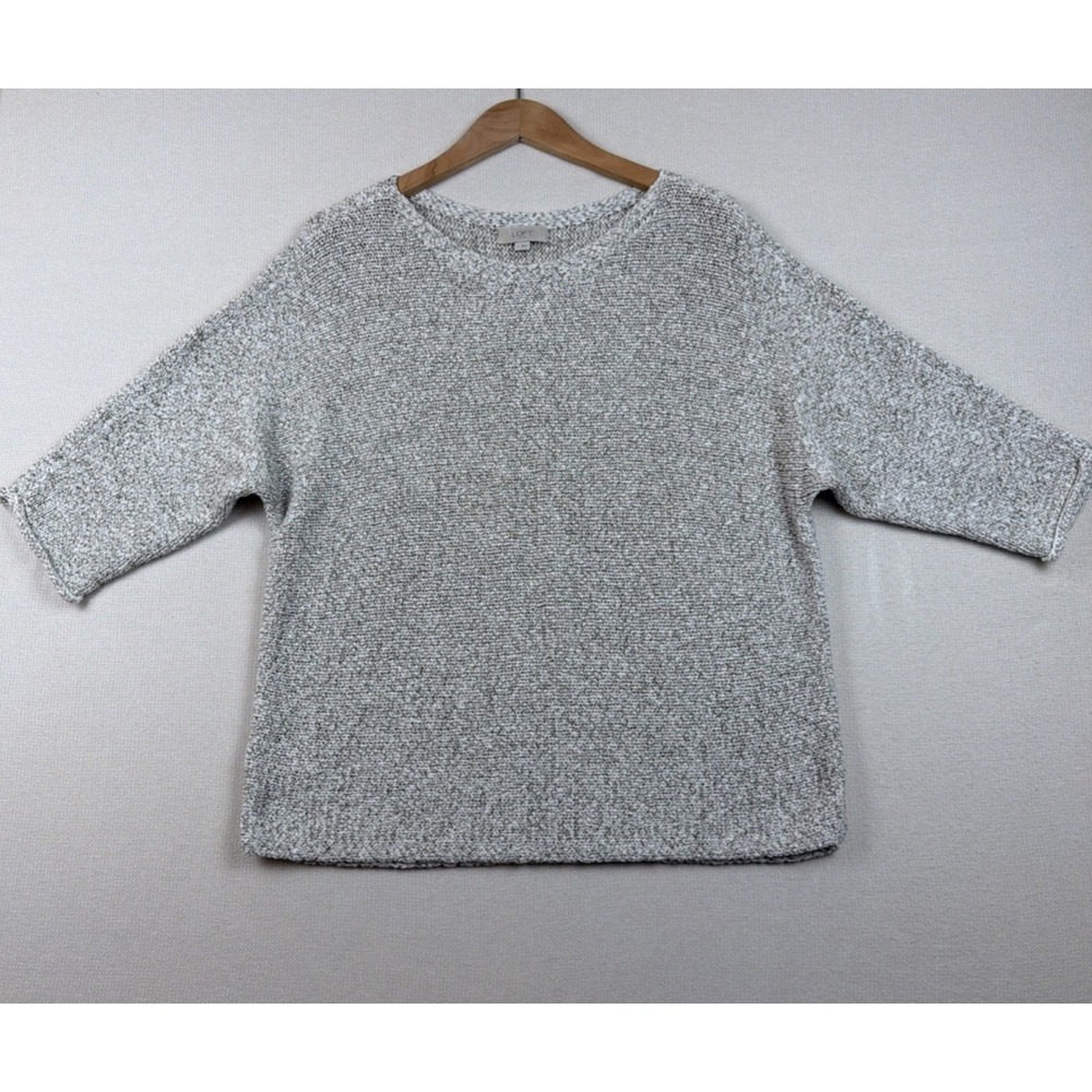 LOFT Outlet Knit Pullover Top Sweater Size L Gray Ivory 3/4 Career Cotton Blend - Picture 15 of 16